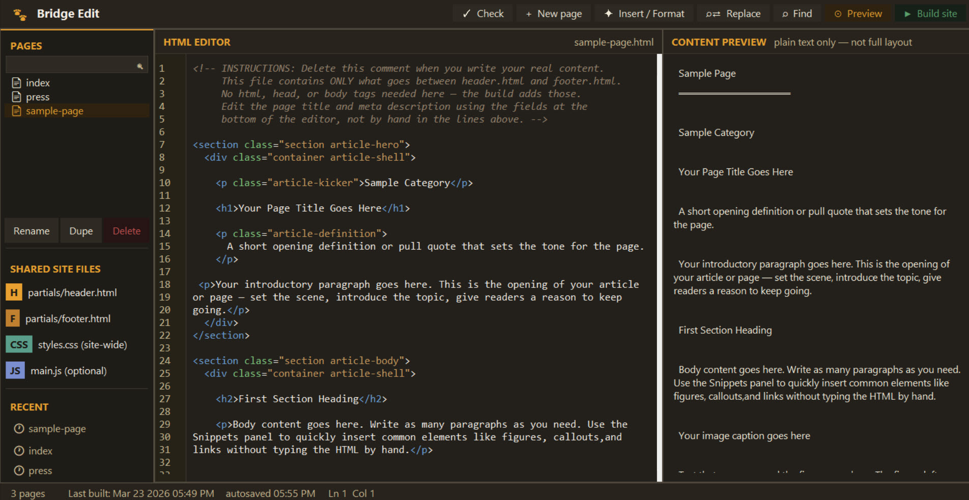 Bridge Editor app showing pages, editor, and preview