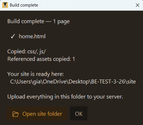 Build complete dialog showing copied folders and finished site location