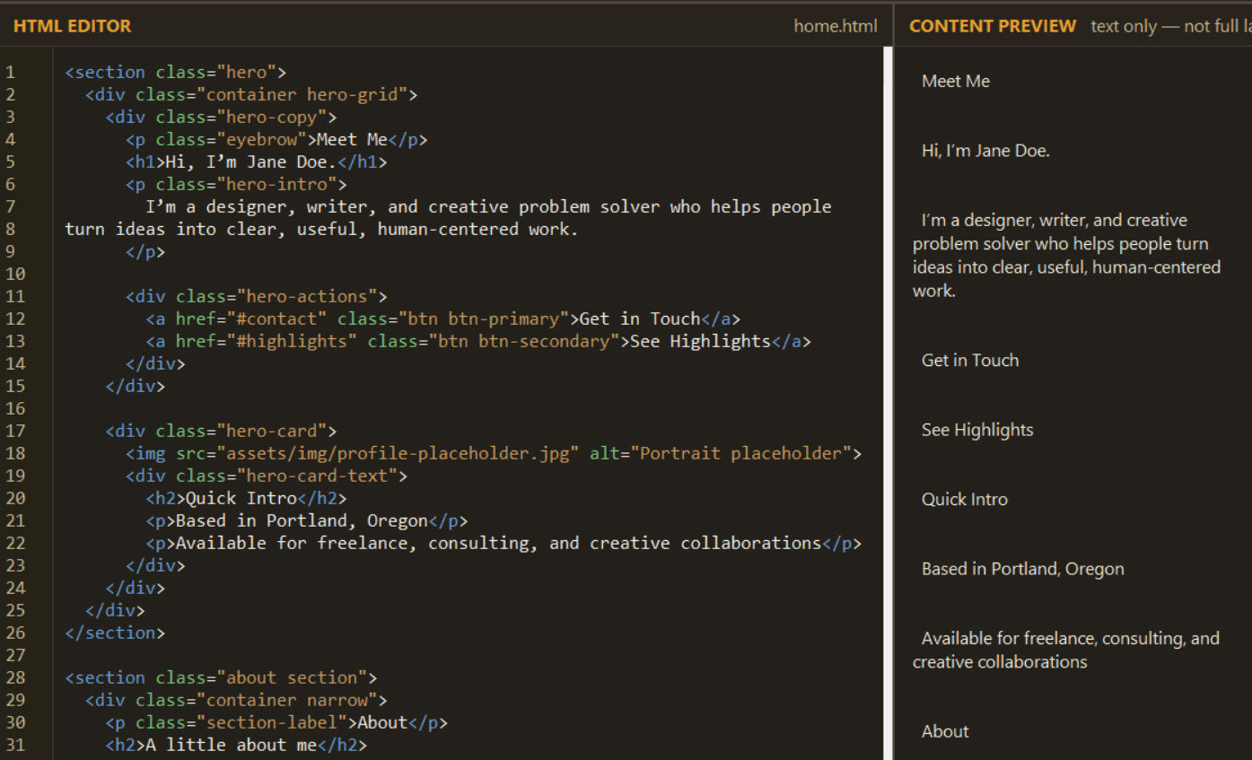 Bridge Edit HTML editor with live content preview side by side