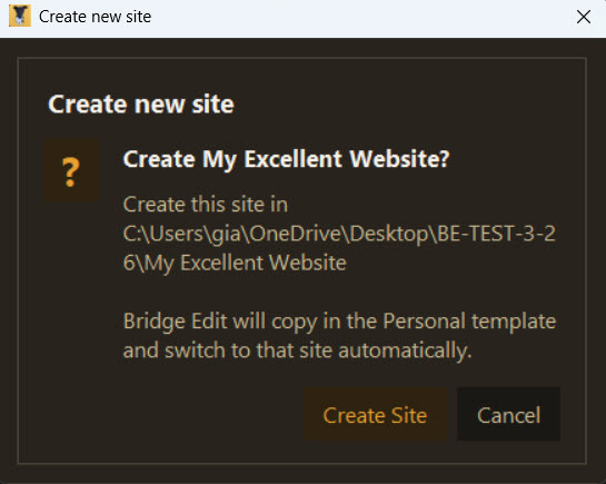 Create new site confirmation dialog in Bridge Edit