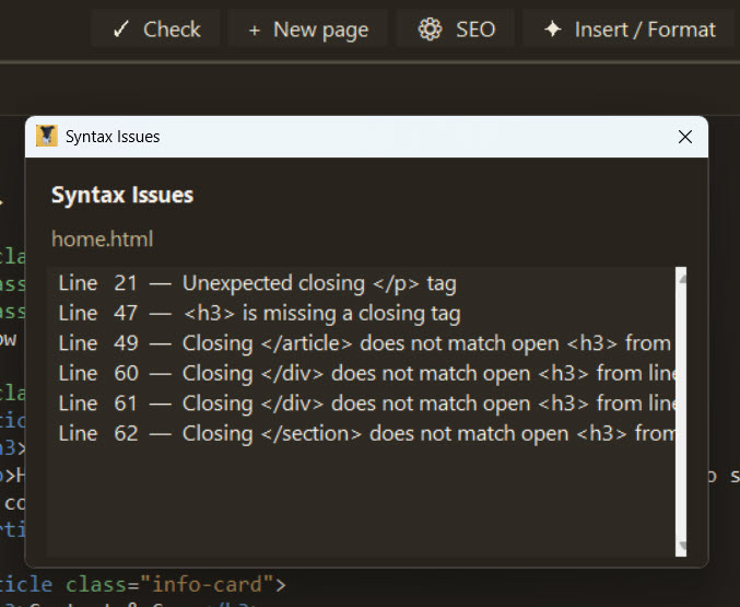 Syntax Issues dialog showing HTML validation errors with line numbers