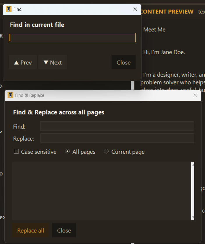 Find and replace windows in Bridge Edit showing search and replace tools