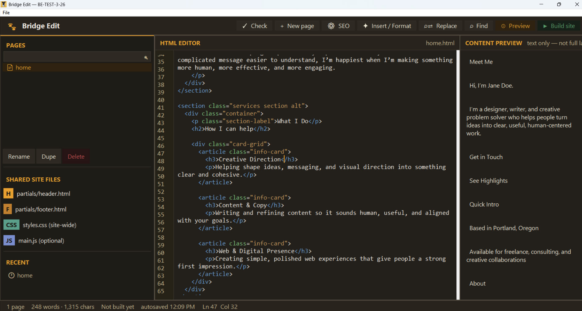 Bridge Edit showing page list, HTML editor, and content preview