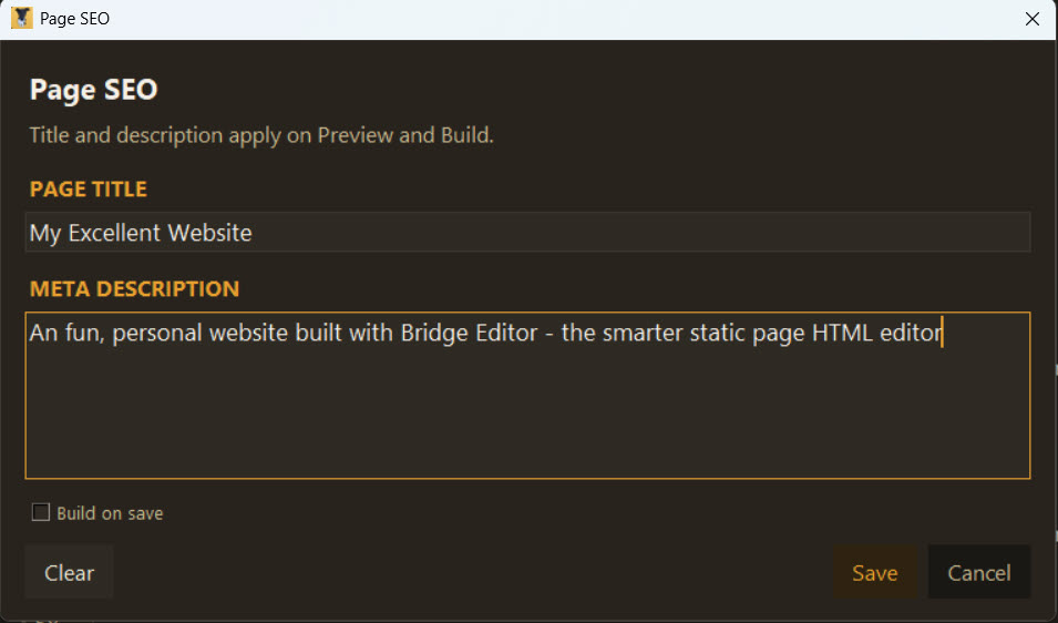 Page SEO dialog showing title and meta description fields in Bridge Edit