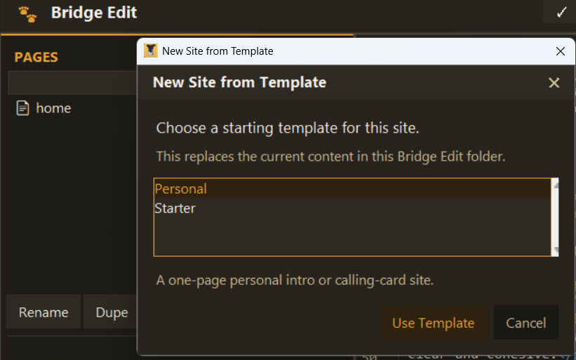 Template selection window showing starter templates in Bridge Edit